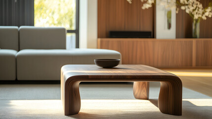 A slim walnut coffee table in a minimalist living room captured from a low frontal angle.