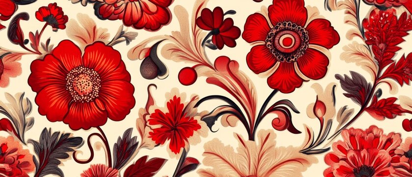 Vintage decorative bloom flowers seamless pattern for wallpaper. Traditional Floral Chinoiserie. Flowers illustration, red and cream floral wallpaper