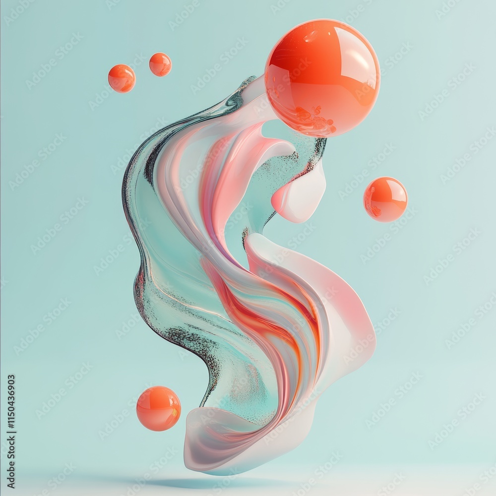 Poster dynamic abstract composition with flowing shapes and spheres in soft hues creating a visually captiv
