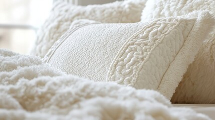 Soft white bedding and pillows create a cozy atmosphere in a bedroom setting