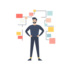  flat man Looking at a flowchart with both hands on hips vector