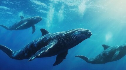 Naklejka premium A serene underwater scene featuring three majestic humpback whales swimming gracefully through clear blue waters.
