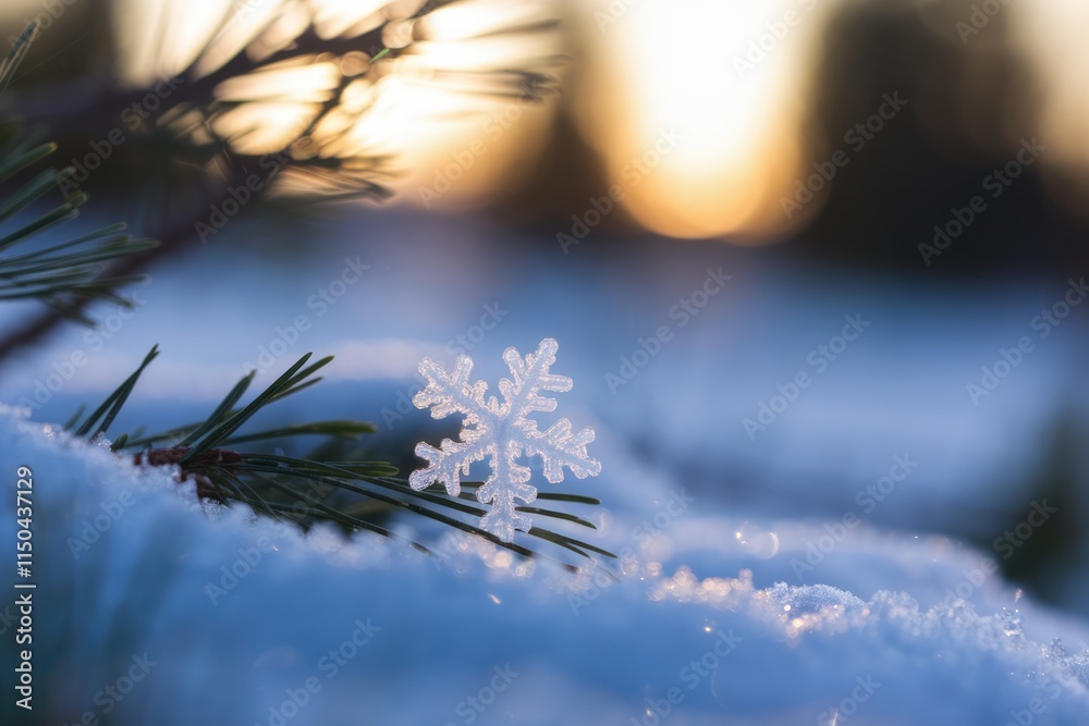 Poster a single, delicate snowflake rests on a snow-covered pine branch at sunset.