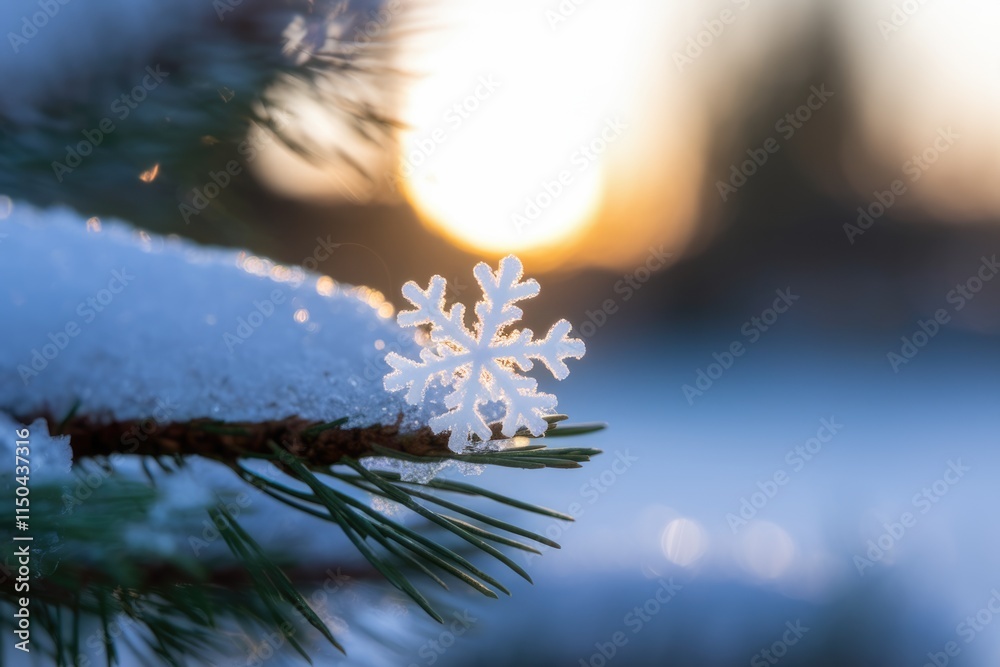 Aufkleber a delicate snowflake rests on a snow-covered pine branch, bathed in the warm glow of sunset.