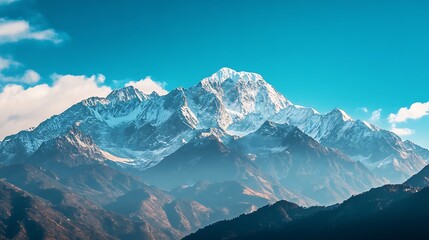 A majestic mountain range blanketed in snow under a bright, clear blue sky, with sunlight gleaming on the peaks.