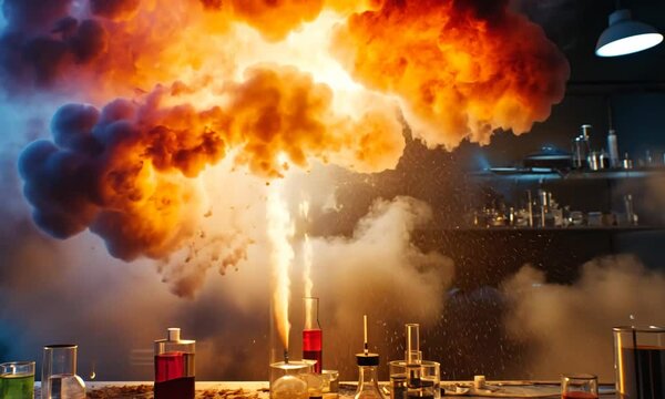 Dramatic Laboratory Explosion with Colorful Chemical Reactions and Smoke in a Science Lab Setting Captured in Stunning Detail