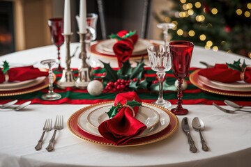 Fototapeta premium A Christmas table setting with red and gold accents, featuring elegant place settings and festive decorations.
