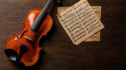 Naklejka premium Violin and sheet music on a wooden surface.