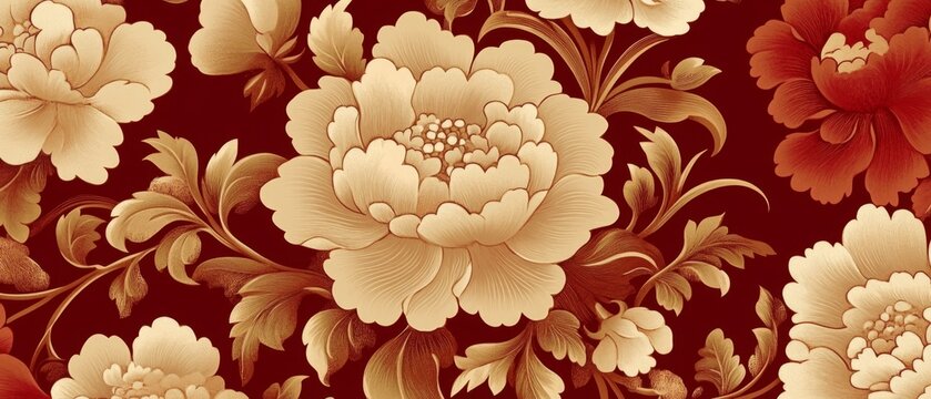 Vintage decorative bloom flowers seamless pattern for wallpaper. Traditional Floral Chinoiserie. Flowers illustration, red and cream floral wallpaper