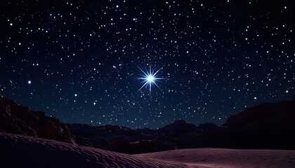 Fototapeta premium Bright Star Over Desolate Mountain Landscape At Night