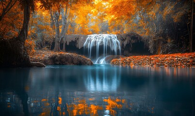 Fototapeta premium Waterfall is reflected in a still pool surrounded by colorful autumn foliage