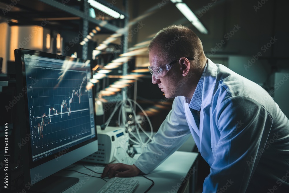 Poster A scientist in a lab analyzes a stock market graph on a computer screen, meticulously studying the data.
