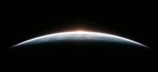 View of Earth's horizon from space with glowing sunrise and dark outer space background, serene and cosmic atmosphere