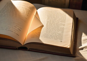 Fototapeta premium A Soft Glow Emanates From A Vintage Paper Book Illuminated By Natural Daylight Outside.