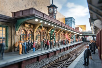 Obraz premium A detailed miniature train station with numerous passengers waiting on the platform.