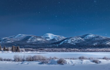 Obraz premium Night Sky Over Snowy Mountains and Frozen River