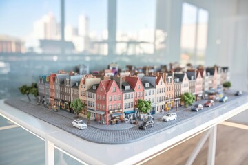 Detailed miniature cityscape model showcasing a row of colorful buildings, streets, and tiny cars.