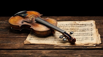 Fototapeta premium Antique violin on aged sheet music resting on weathered wooden table.