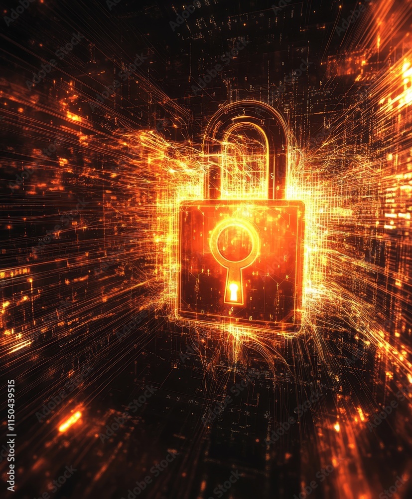 Poster digital lock design representing cybersecurity concepts with glowing effects in a virtual environmen