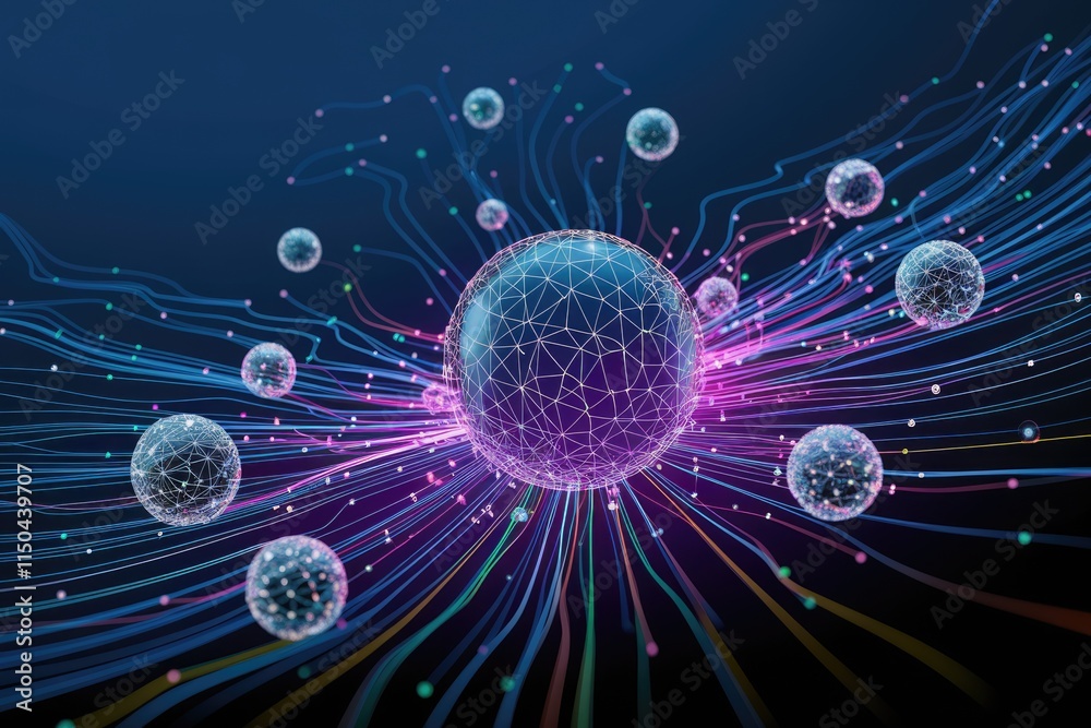 Aufkleber Abstract 3D rendering of interconnected glowing spheres representing global network and data flow.