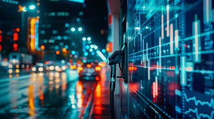 Gas pump nozzle next to stock market graph illustrating fuel price trends in a realistic photo