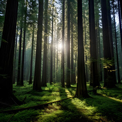 Obraz premium Majestic Cedar Forest: A Symphony of Green Shades and Sublime Tranquility