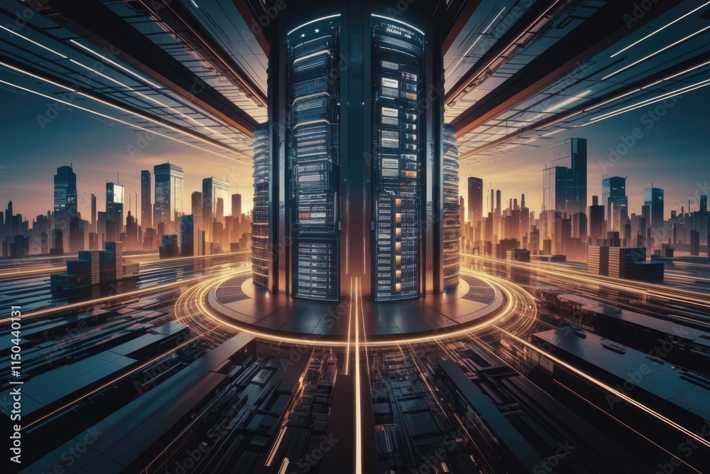 Poster futuristic cityscape with a massive data center at its heart, showcasing advanced technology and urb