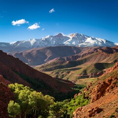Naklejka premium Generated image Majestic Atlas Mountains with snow-capped peaks, framed by lush green valleys and rocky terrain