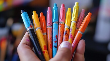 Obraz premium Colorful assortment of markers held in hand against a creative background