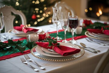 Elegant Christmas table setting with red napkins, gold chargers, and green runner, adorned with holly berries.