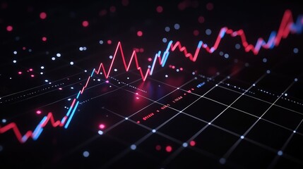 Abstract luminous line graph showing upward trend with glowing particles for banking presentation material.