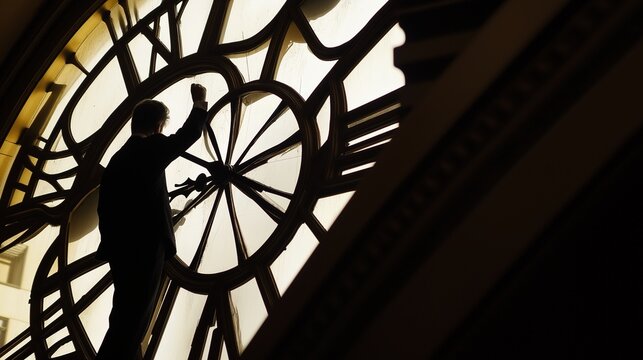 Stylized clock inside human silhouette symbolizes the passage of time and its impact on human life, representing the balance between moments and existence.