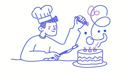 Chef Lights Birthday Cake Candles Joyfully, Celebration, Sweet Treats, Festive Baking, Culinary Delight