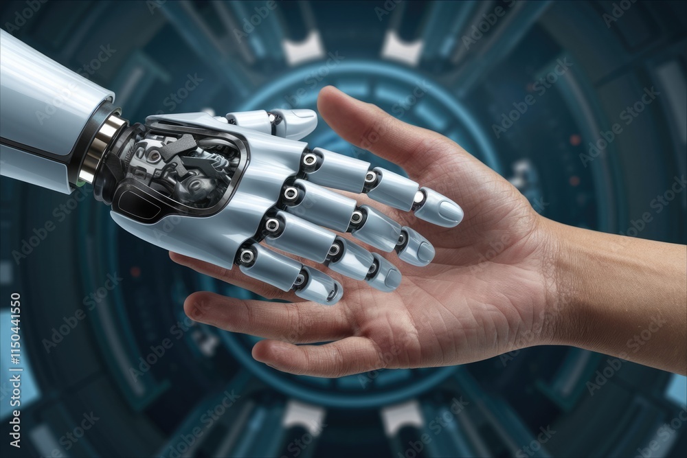 Poster a robotic hand and a human hand shake, symbolizing collaboration between humans and ai in a futurist