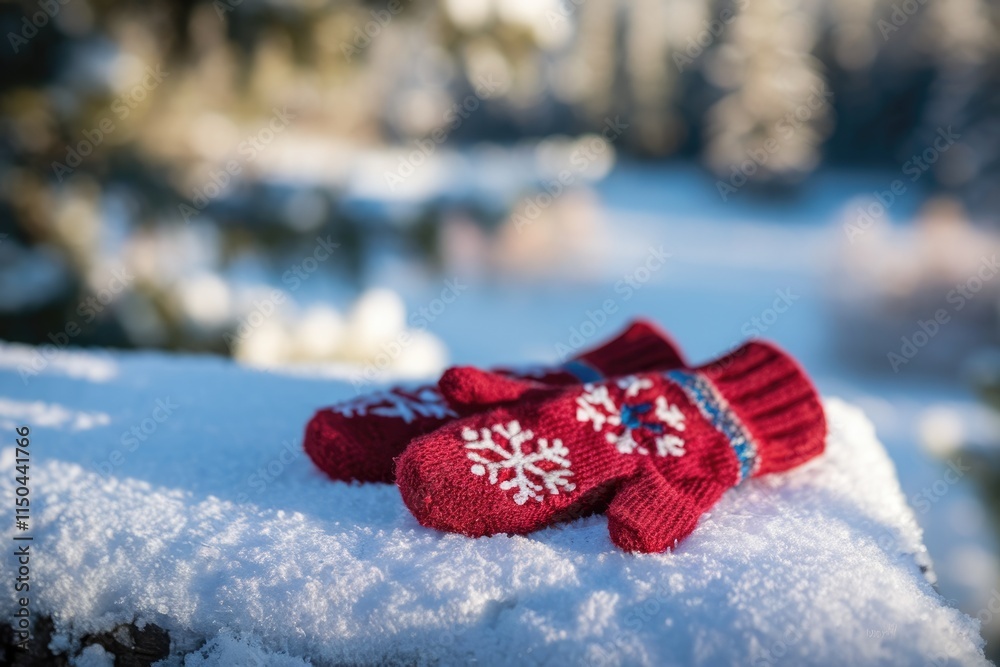 Aufkleber red knitted mittens with snowflake patterns rest on a snowy surface, winter wonderland.
