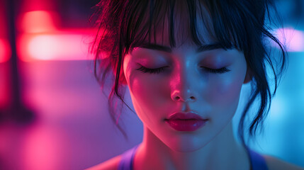 Obraz premium serene woman meditating with closed eyes in vibrant neon lights