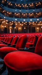 Rows of red velvet chairs in an ornate theater ready for an evening performance