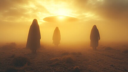 Three women walking in a foggy desert with a large object in the sky