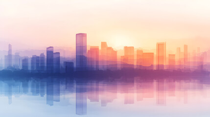 A minimalist urban waterfront with sleek buildings their silhouettes blending into a watercolor sunset.