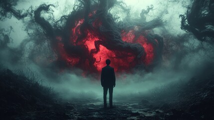 A man stands in front of a giant red monster