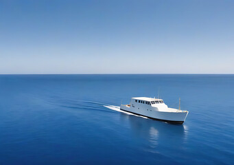 Naklejka premium A White Boat Floats Gently On A Vast Blue Ocean Surface.