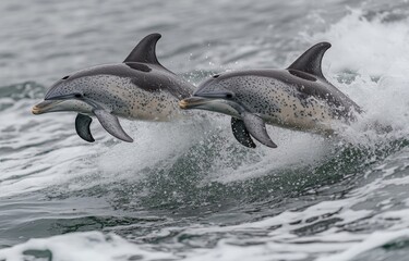 Obraz premium Dolphins gracefully leaping over ocean waves in a lively display of agility and playfulness
