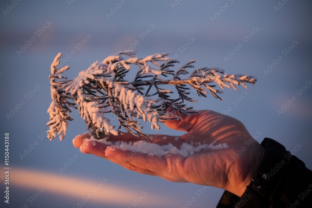Poster a snow-covered sprig of evergreen rests gently in an outstretched hand, bathed in the soft glow of s