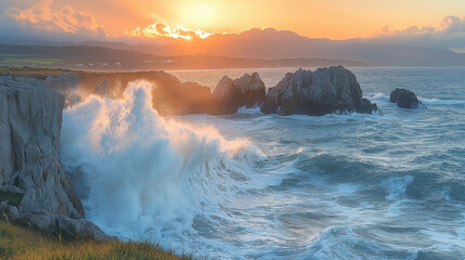 Fototapeta premium Whispers of the Ocean – Close-Up of Waves Crashing Against Jagged Rocks