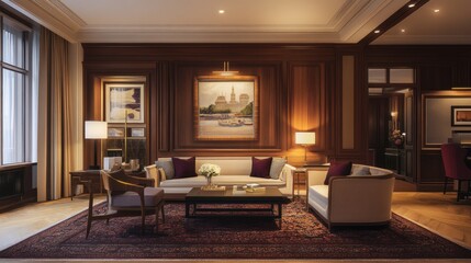 Elegant Living Room Interior with Classic Design and Warm Lighting
