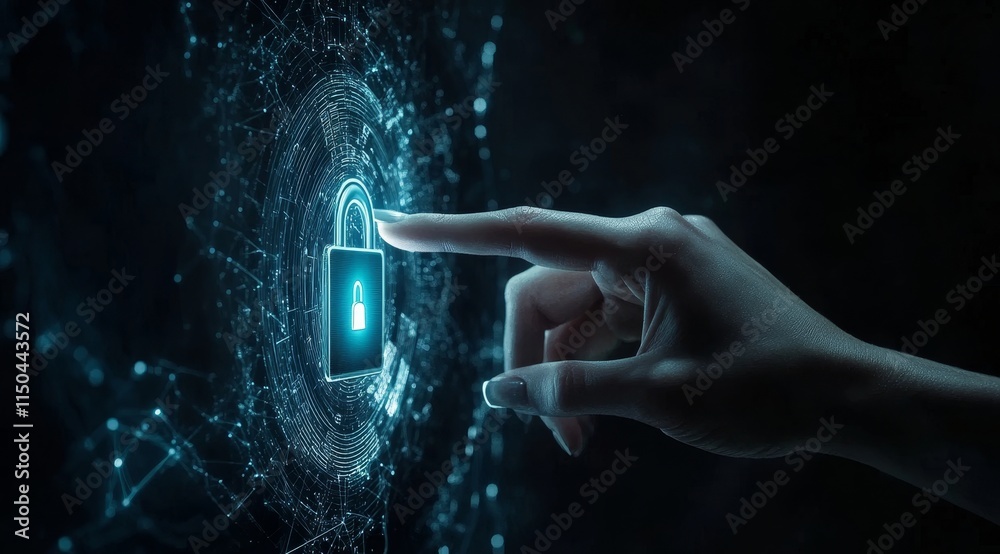 Poster futuristic digital security concept showcasing a hand interacting with a glowing lock icon against a