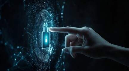 Futuristic Digital Security Concept Showcasing a Hand Interacting With a Glowing Lock Icon Against a Dark Background With Network Connections and Data Patterns