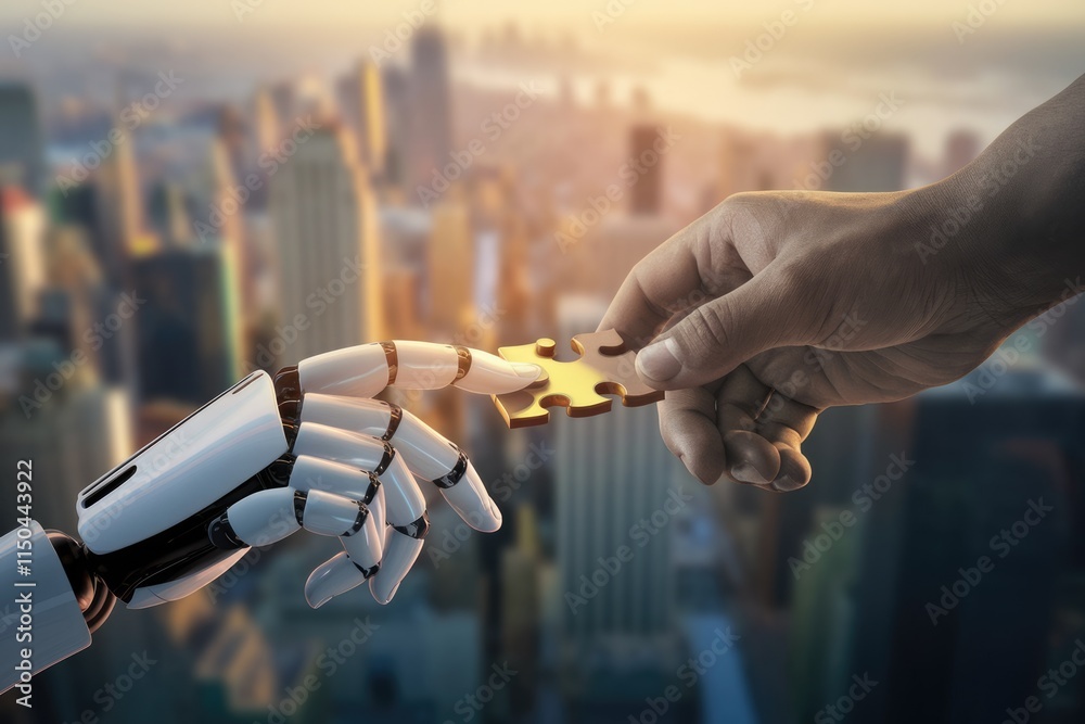 Aufkleber Human and robotic hands connect a gold puzzle piece, symbolizing collaboration and technological advancement in a cityscape.