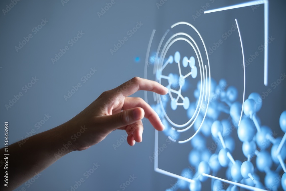 Leinwandbilder a hand interacts with a futuristic holographic interface displaying a network of interconnected node