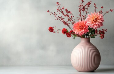 Vase of red flowers against a simple wall showcasing natural light and minimalism in interior decor